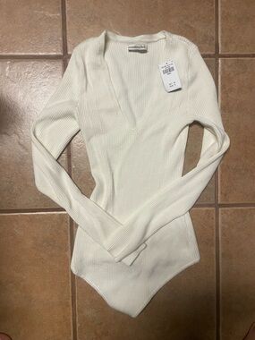 Abercrombie & Fitch Cream Ribbed V-Neck Bodysuit